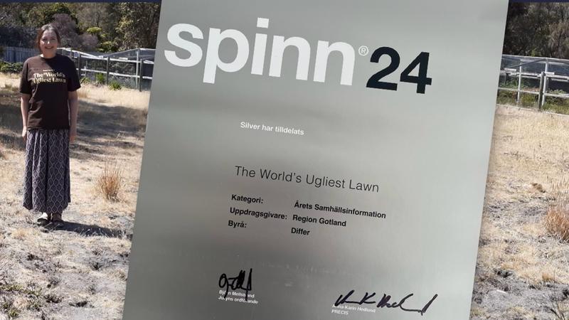 En person står på en torr gräsmatta. Ovanför bilden är ett diplom i silverfärg med texten "Spinn 24".