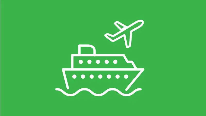 Illustration av ett flygplan och en färja mot grön bakgrund.