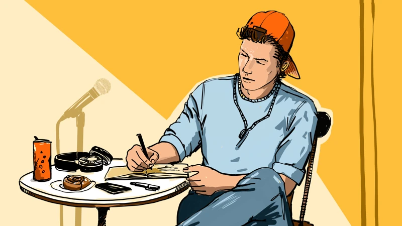 En ung man sitter vid ett bord och skriver på ett papper. Illustration.