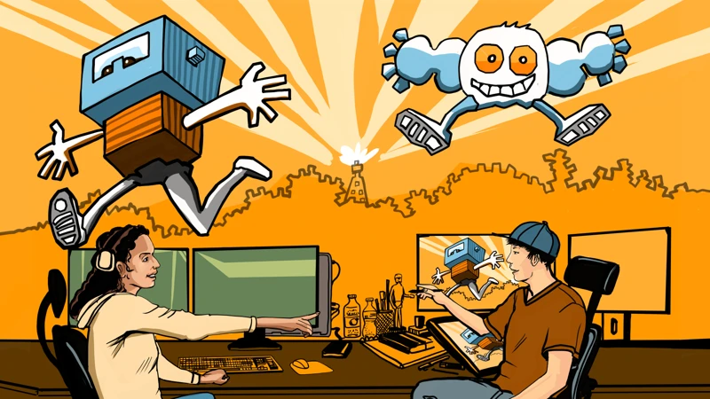 Två ungdomar sitter vid ett datorbord. Illustration.