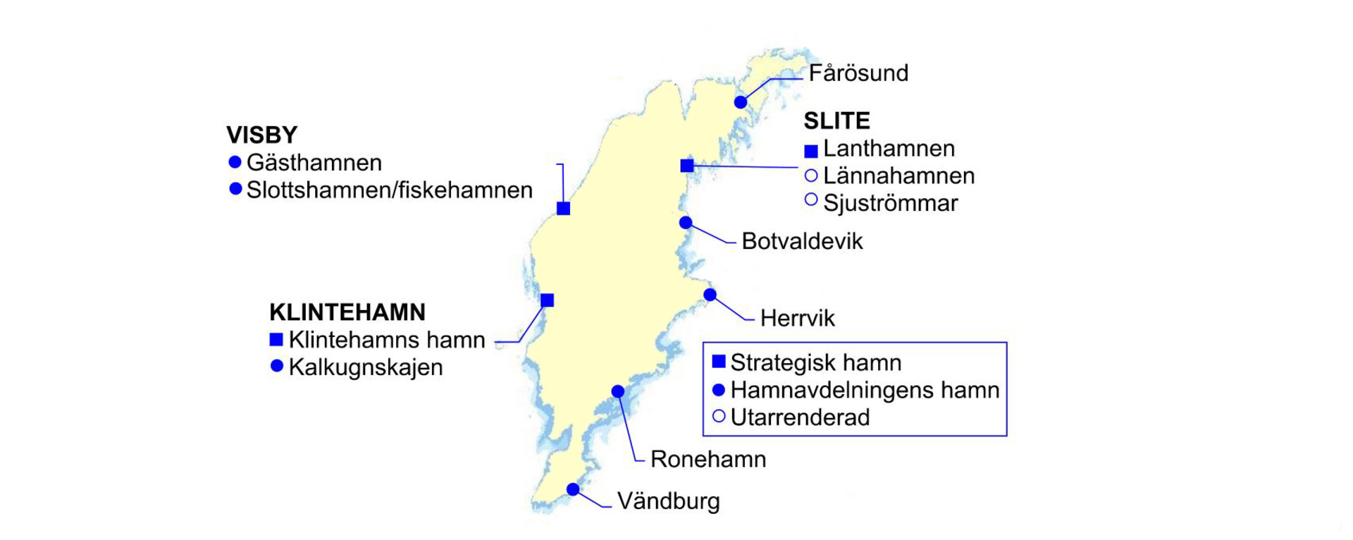 Karta över Region Gotlands hamnar med plats för fritidsbåt