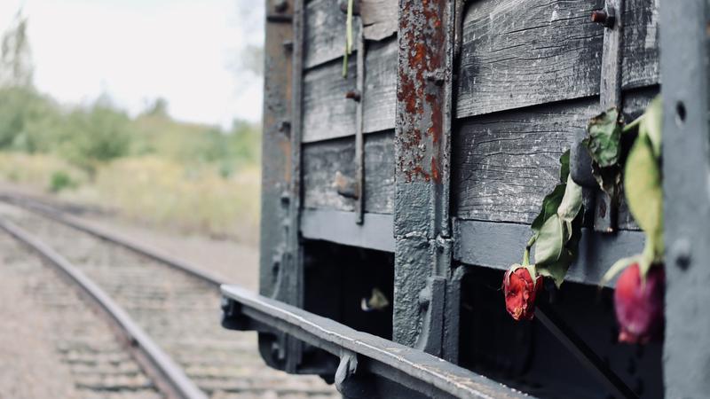 Äldre tågvagn i trä med torkade rosor fasthängda