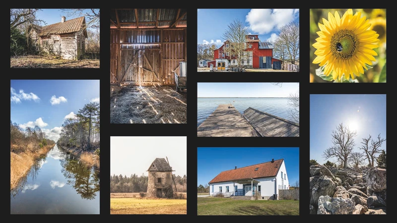 Ett bildcollage med bilder på gamla hus och natur.
