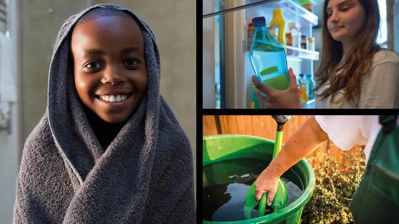 Fotokollage med bilder på ett barn som är invirad i en handduk, en hand som fyller en vattenkanna och en tjej som tittar på en flaska med vatten.