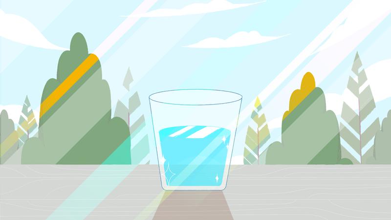 Illustration med ett glas vatten på ett bord med träd och himmel i bakgrunden