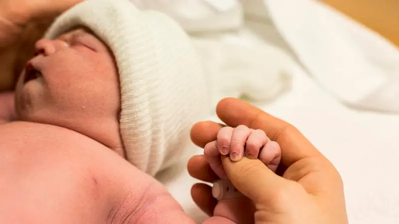 Nyfödd bebis i kontakt med sin förälder.