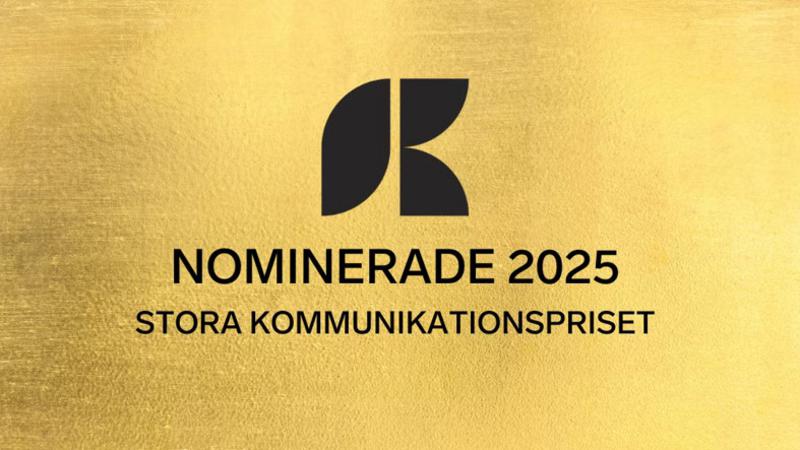 Bild med texten "Nominerade 2025 Stora kommunikationspriset" mot en guldfärgad bakgrund.