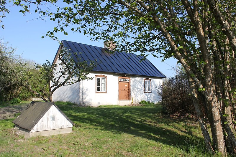 Ett litet vitt hus med bruna fönster, en brun ytterdörr och ett svart plåttak.
