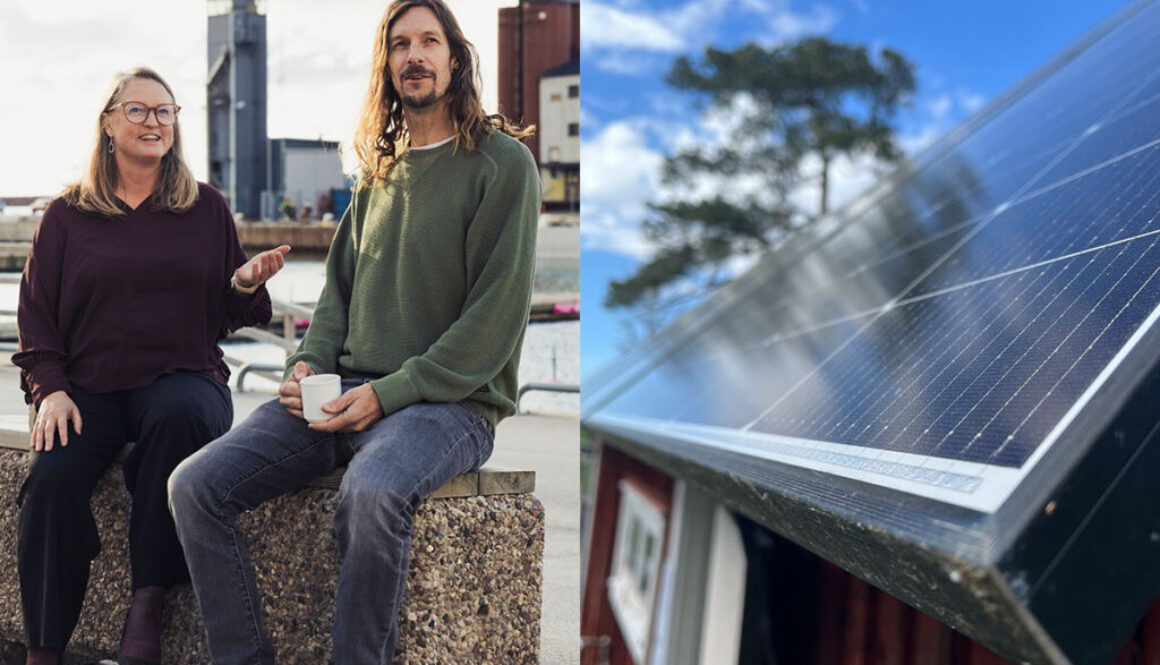 tudelad bild, man och kvinna sitter på en bänk i Visby hanm samt solpaneler på ett tak