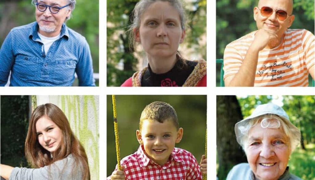 Ett kollage av sex porträttbilder barn kvinna man i olika åldrar