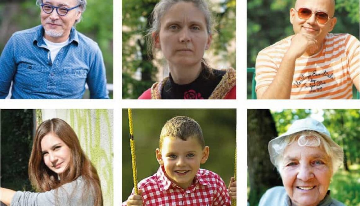 Ett kollage av sex porträttbilder barn kvinna man i olika åldrar