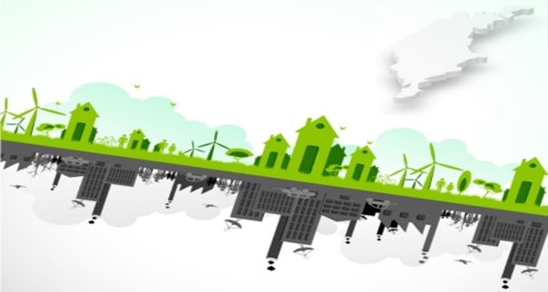 Två olika illustrerade städer. En grön med vindkraftverk och en grå med utsläpp.