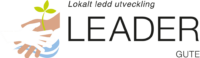 Logotype som visar ett handslag med en grön växt mellan händerna och svart text Leader Gute