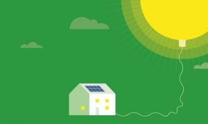 Illustration av ett vitt hus med solpaneler som har en kabel upp till solen