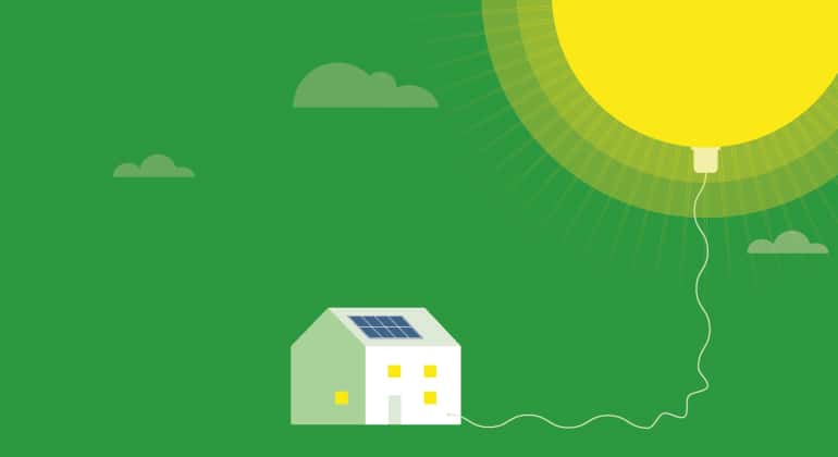 Illustration av ett vitt hus med solpaneler som har en kabel upp till solen