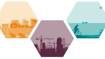 Illustration med cykel bebyggelse och byggkran