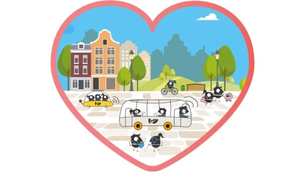 Mobilitetsveckans logotyp ett hjärta och en illustrerad stad inuti