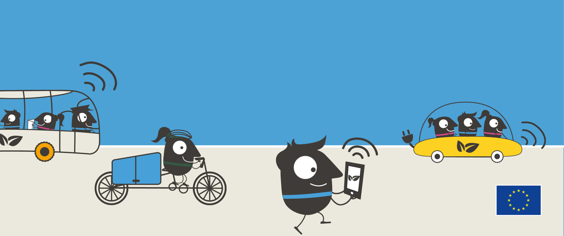 Illustration för mobilitetsveckan figurer på cykel och i buss