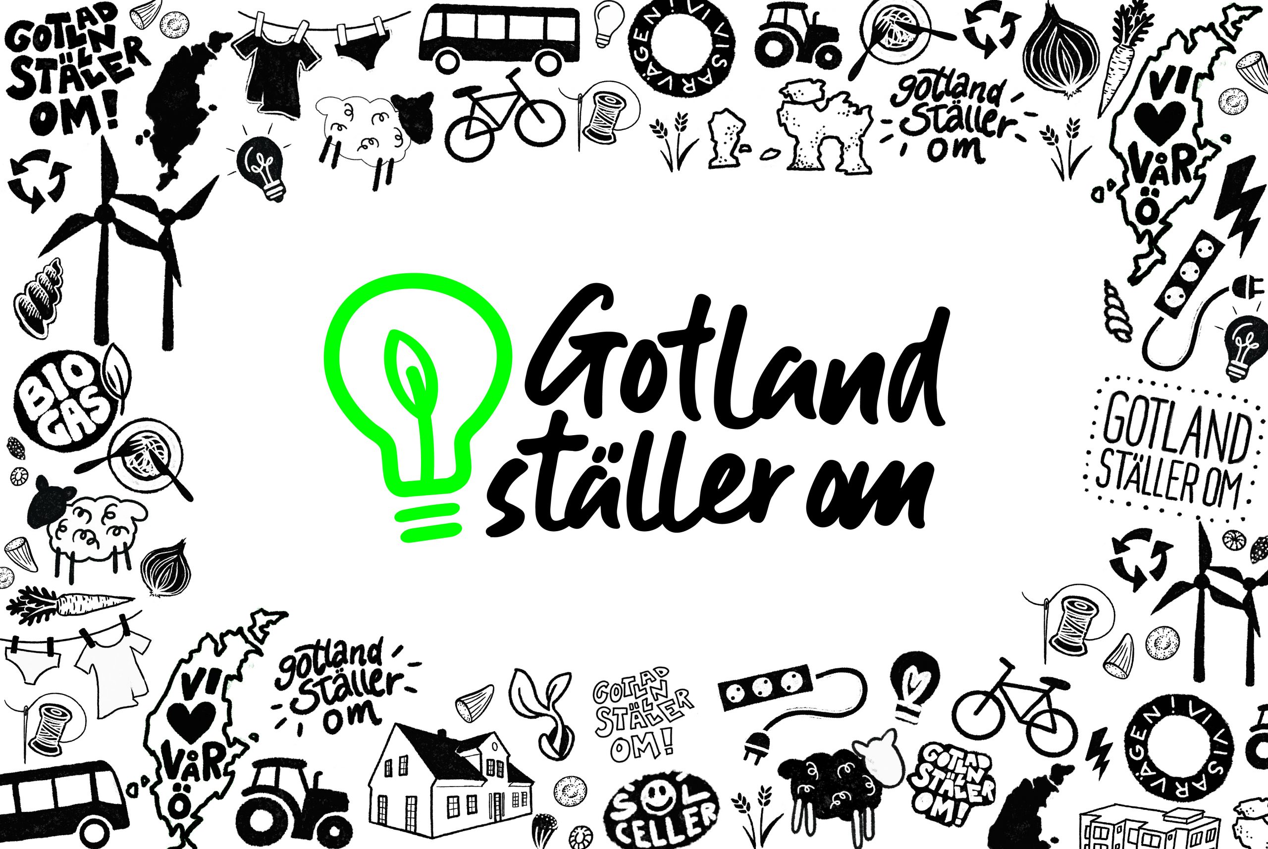 Gotland ställer om-logotyp inramad av illustrationer