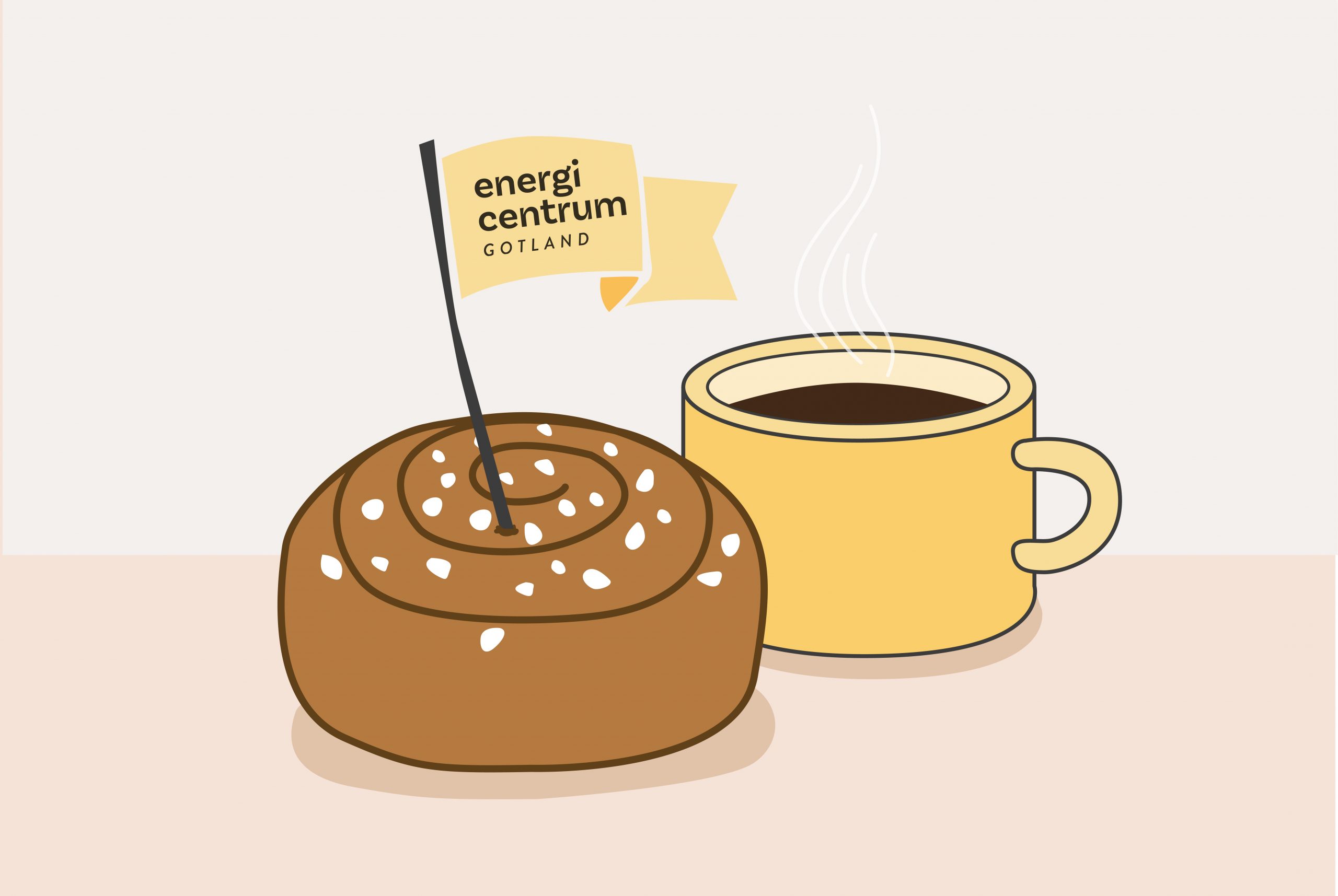 Illustration av kanelbulle och kaffekopp samt en flagga med texten Energicentrum