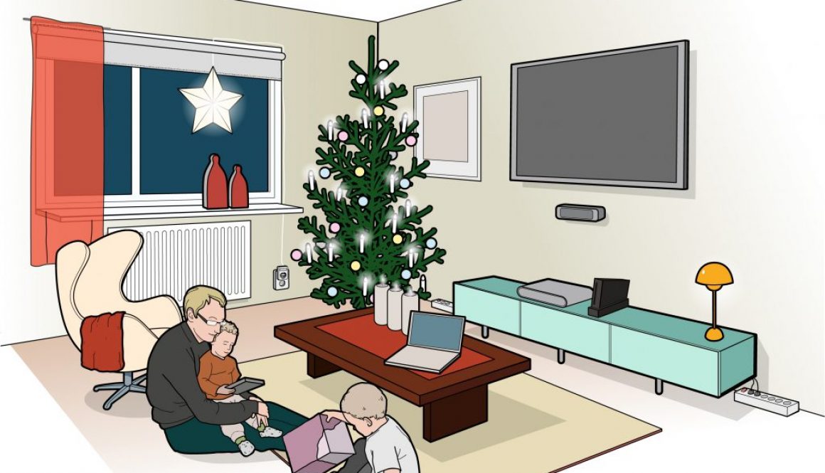 illustration av ett vardagsrum. Man och två barn läser och leker på golvet