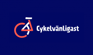 Texten cykelvänligast och illustration av bakdäck och cykelsadel mot blå bakgrund