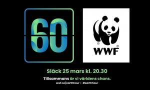 Siffran 60 och WWFs logotyp i svart och vit med en panda samt årets slogan