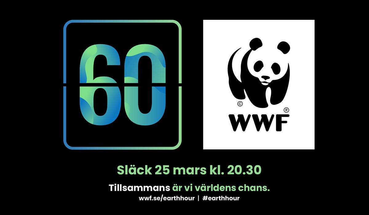 Siffran 60 och WWFs logotyp i svart och vit med en panda samt årets slogan