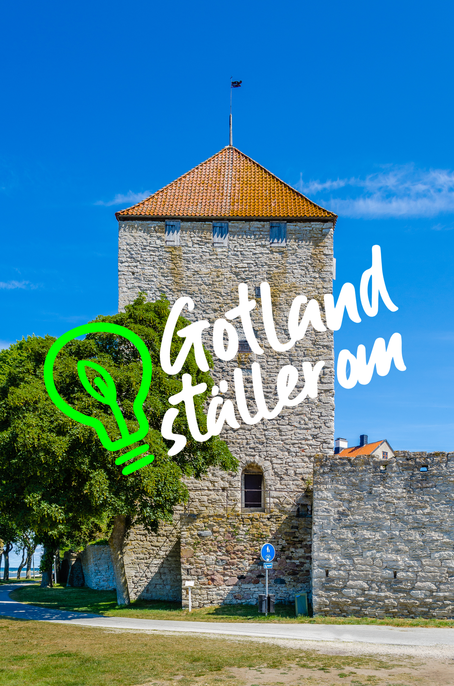 Kruttornet Visby Logo Gotland ställer om med illustratiion av grön glödlampa
