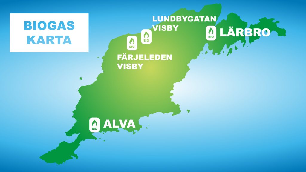 Illustrerad karta över Gotland med fyra stycken utmärkta platser där man kan tanka biogas på ön.