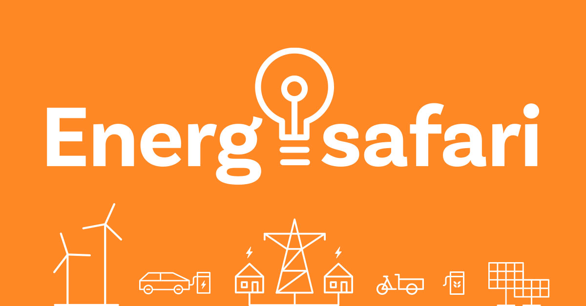 Texten Energisafari med ikoner av vindkraft, elcyklar, elbil, biogas på orange bakgrund