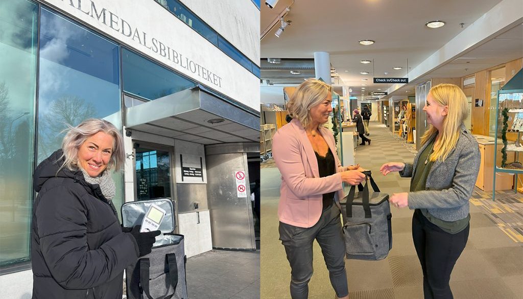 En bild med två foton. Person visar upp Energiväskan framför Alemdalsbibilioteket. Bild två: Överlämning av grå väska mellan två kvinnor i en bibliotekskorridor.