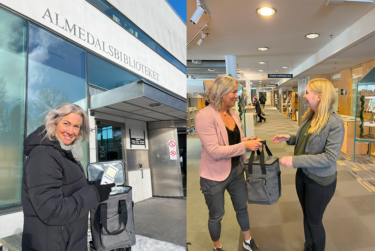 En bild med två foton. Person visar upp Energiväskan framför Alemdalsbibilioteket. Bild två: Överlämning av grå väska mellan två kvinnor i en bibliotekskorridor.