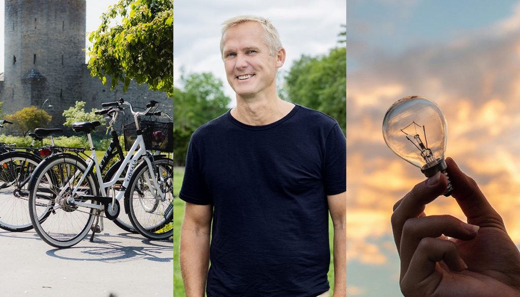 Tre bilder i en. Cyklar parkerade utanför ringmuren Visby, Porträttfoto Patrick Dahl. En hand håller i en glödlampa i med kvällsmoln i bakgrunden