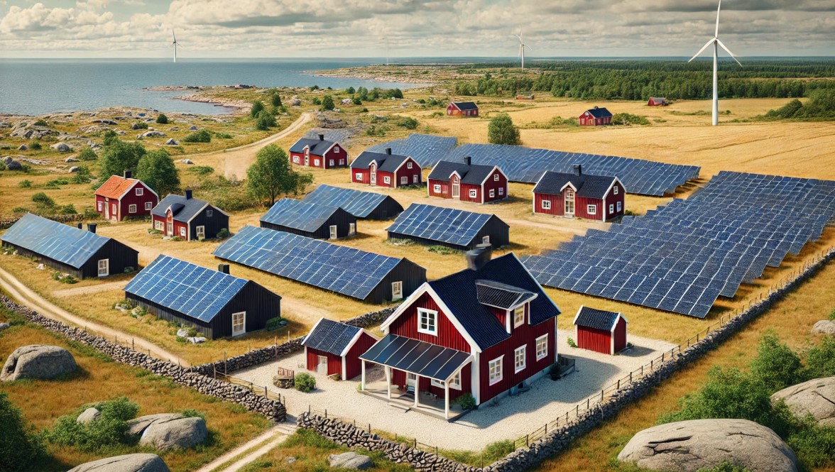 solenergi_Gotland_AI AI-genererad bild över gotländsk kust med vindkraft och solpaneler vpå och bredvid ett antal huskroppar