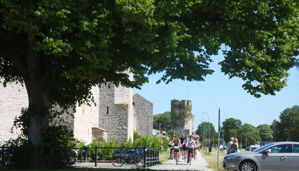 Klimatneutrala Gotland Visby ringmur, cyklister, en bil och ett grönskande träd i förgrunden.