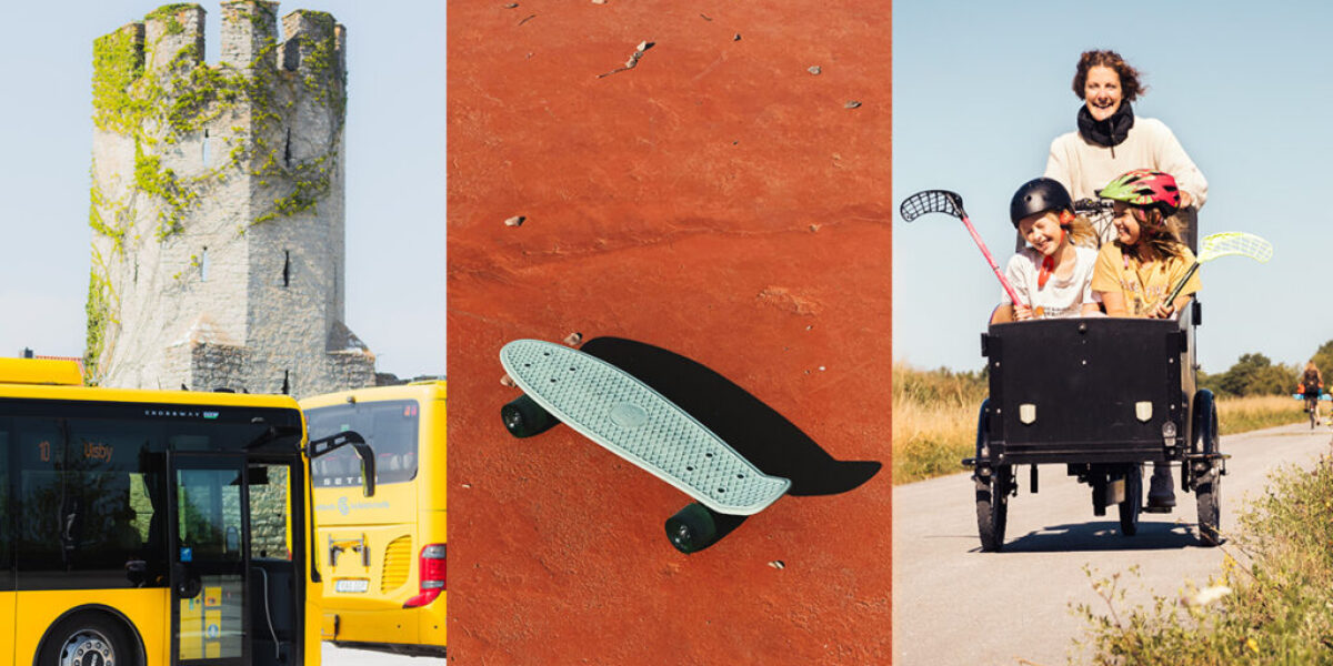 Tre bilder i en. Bild på gula bussar framför Visby ringmur, skateboard, en kvinna kör två barn i en lastcykel på en somrig landsväg.