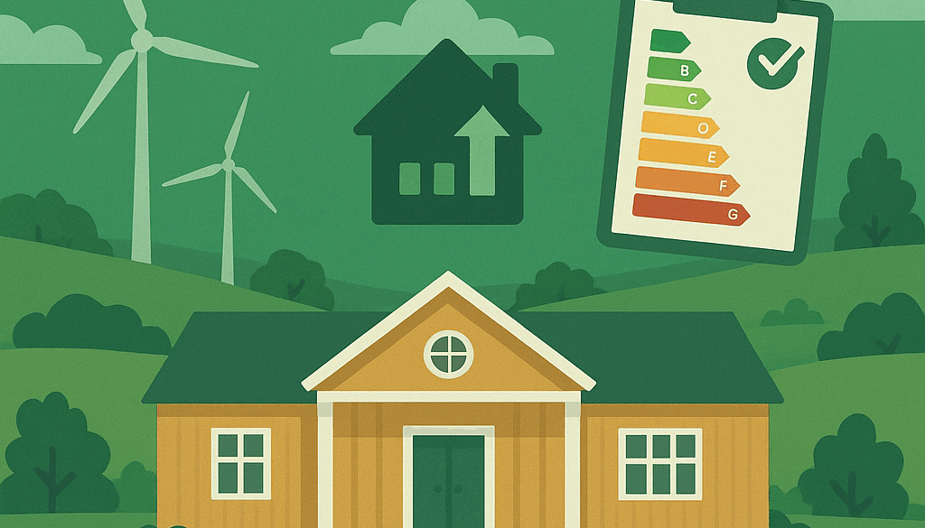 Illustration med vindkraftverk ett hus och en tabell som visar energiklassning
