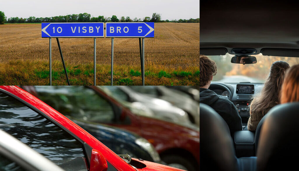 Bildkollage med en vägskylt en rad parkerade bilar och tre personer som samåker