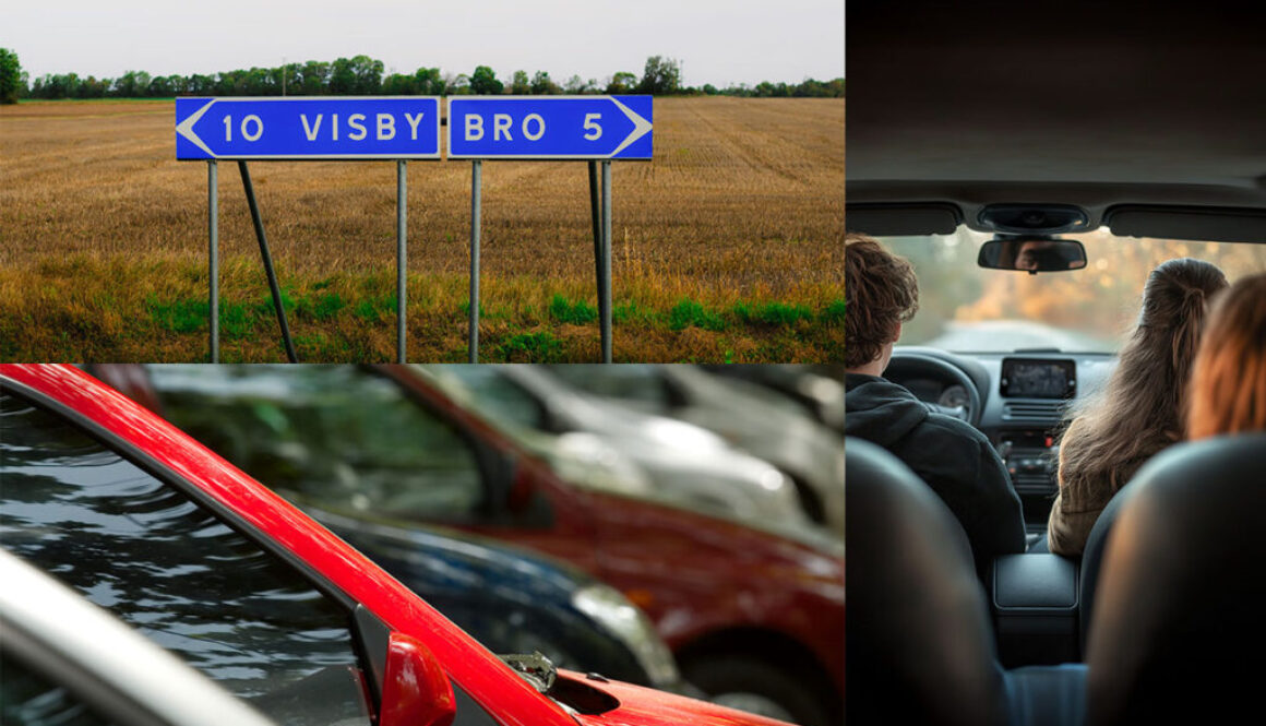 Bildkollage med en vägskylt en rad parkerade bilar och tre personer som samåker