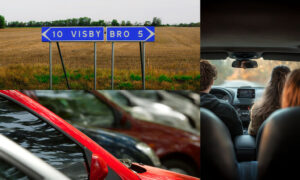 Bildkollage med en vägskylt en rad parkerade bilar och tre personer som samåker