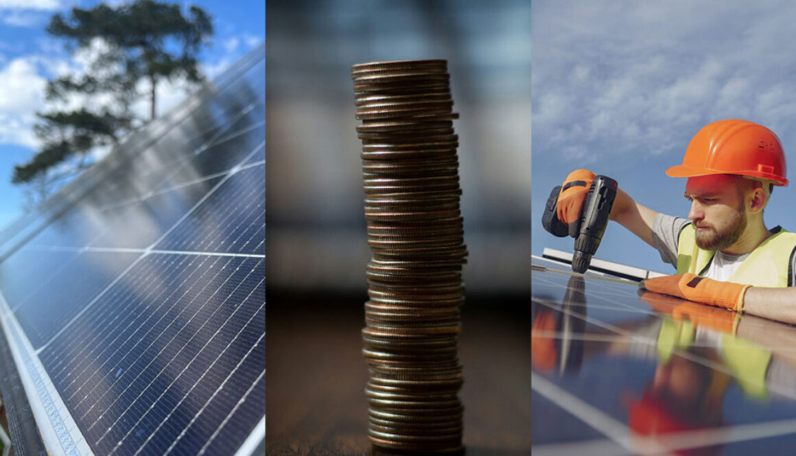Tre bilder i en. Solcellsanläggning på tak, en stapel med mynt på ett bord, en solcellsintallatör skruvar fast en solpanel.