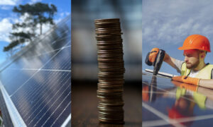 Tre bilder i en. Solcellsanläggning på tak, en stapel med mynt på ett bord, en solcellsintallatör skruvar fast en solpanel.