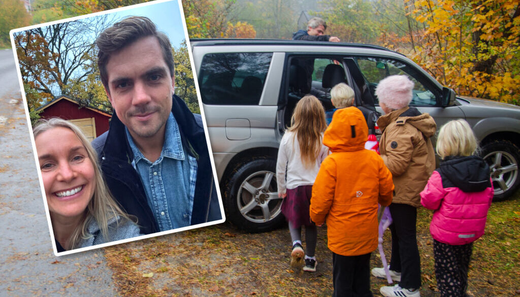 Barn står i kö för att kliva in i en bil. Inklippt bild på en kvinna och en man