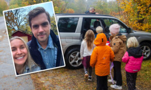 Barn står i kö för att kliva in i en bil. Inklippt bild på en kvinna och en man