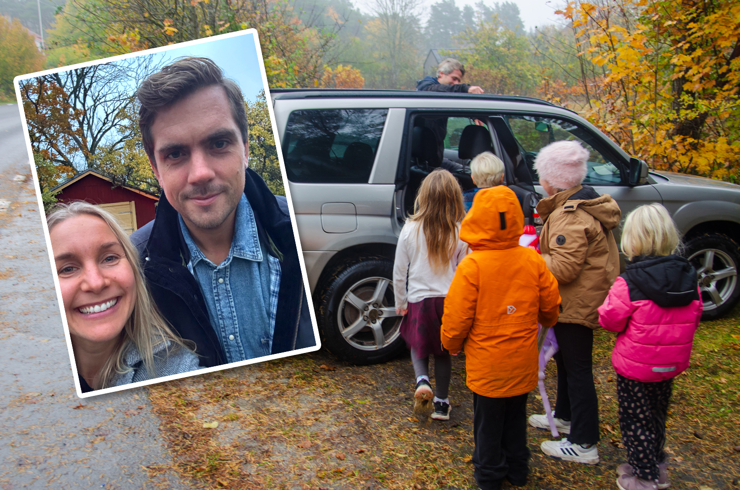 Barn står i kö för att kliva in i en bil. Inklippt bild på en kvinna och en man