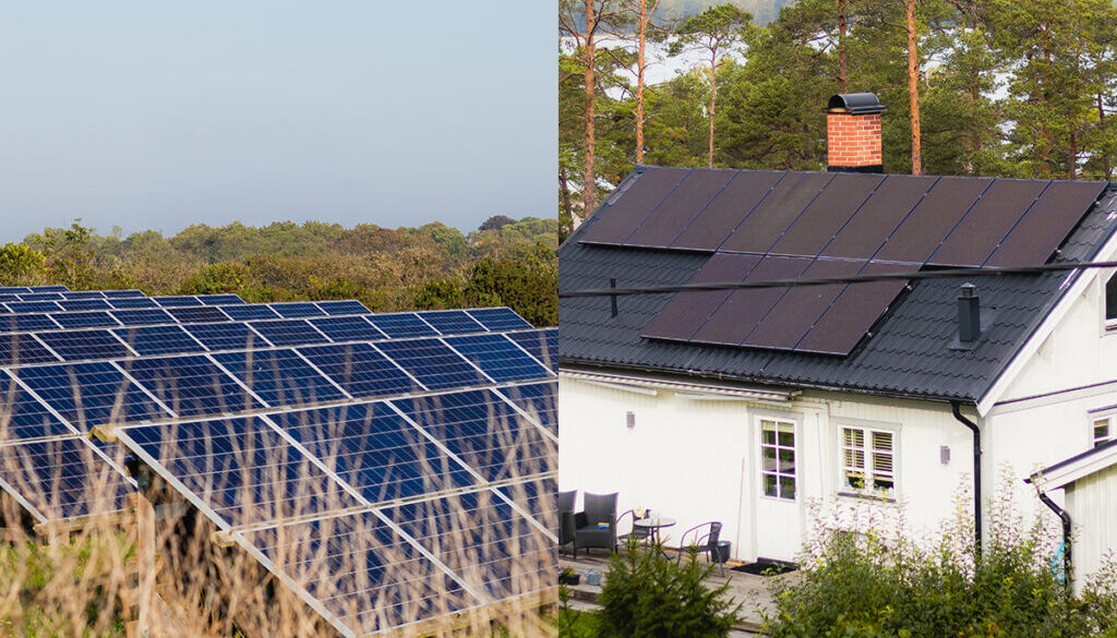 Tvådelad bild.Fält med solpaneler, högt gräs i förgrunden Villa med vit träpanel med solpaneler på taket