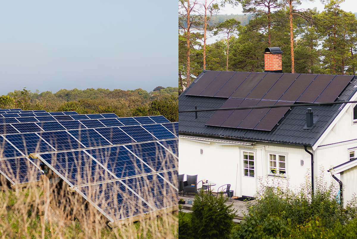 Tvådelad bild.Fält med solpaneler, högt gräs i förgrunden Villa med vit träpanel med solpaneler på taket
