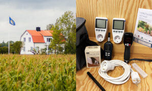 Tvådelad bilden, kalkstenshus med majsfält i förgrunden, en grå väska med olika mätverktyg bredvid