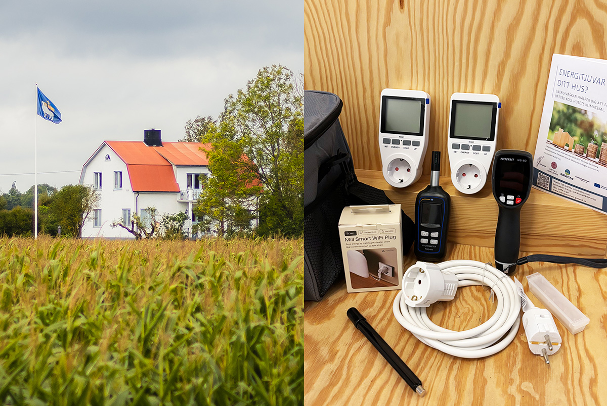 Tvådelad bilden, kalkstenshus med majsfält i förgrunden, en grå väska med olika mätverktyg bredvid